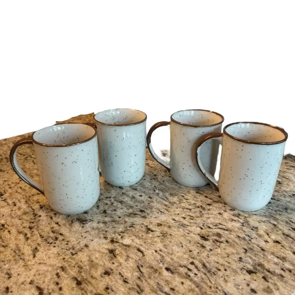 4 Retro CottageCore Floral‎ Speckled Stoneware Mugs Green Brown Flowers EUC